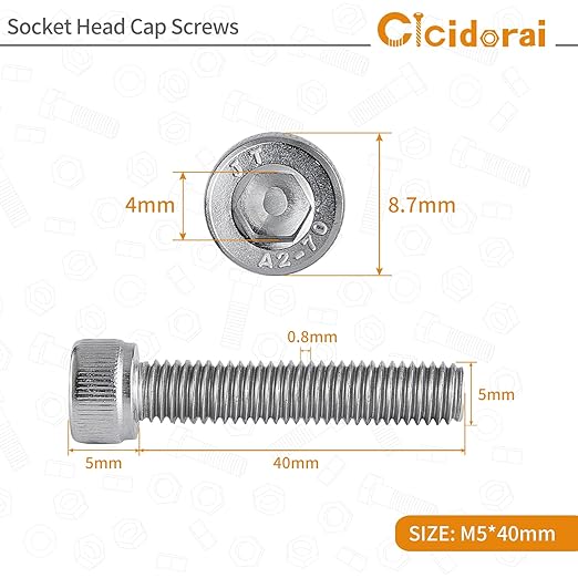 Cicidorai M5-0.8 x 40mm Socket Head Cap Screws Bolts, 304 Stainless Steel (A2-70), Allen Socket Drive, Bright Finish, Full Machine Threads, Quantity 25