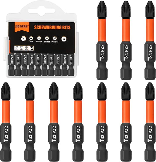 Pro PZ2 Screwdriver Bit Set - Pozi Screwdriver 10 Pieces, 50mm Length, 1/4" Hex Shank Bit Assortment, with Storage Box