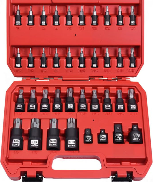 38 Piece Torx Bit Set, Premium S2 Alloy Steel, Solid Star T6 ~ T70 & Tamper Proof T6 ~ T70, with Socket Adapters