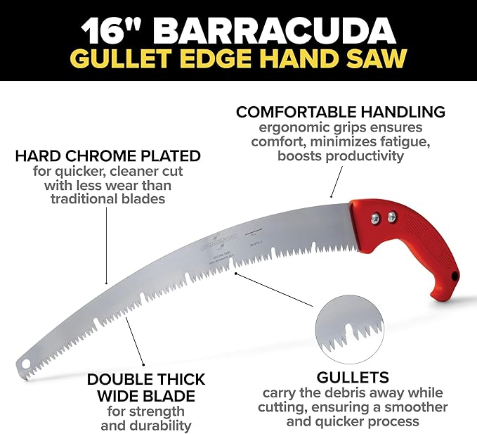 Jameson Barracuda™ Tri-Cut Gullet Edge Hand Saw – 16-Inch Ultra-Sharp Blade, Ergonomic Soft Grip Handle, Impulse-Hardened Teeth for Efficient & Clean Cutting