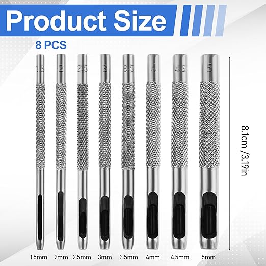 Hollow Leather Hole Punch Set (1.5mm-5mm) for Belts, Round Hole Punch Set Metal Hollow Holes Punching for Leather, Hollow-Punch for Leathers Craft Punchs Tools Sets for Belt DIY Belt Watch Band Gasket