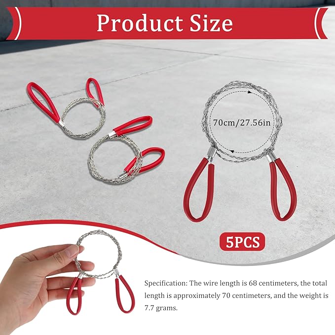 5PC Red Stainless Steel Cable Saw Set, Metal Wire Saw for Emergency Survival, 23.62 Inch Hand Pocket String Rope Cutting Tool, Ideal for Camping, Hiking, Hunting Adventures