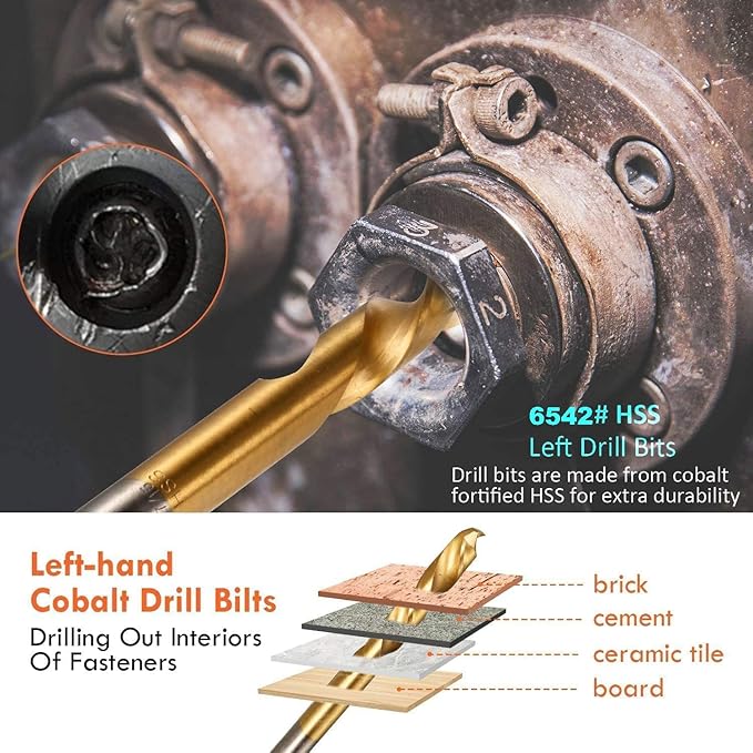 Screw Extractor and Left Hand Drill Bits Set, Bolt Remover, Reverse HSS Steel Drill Bit Easy Out Remove Stripped Screws and Broken Bolts