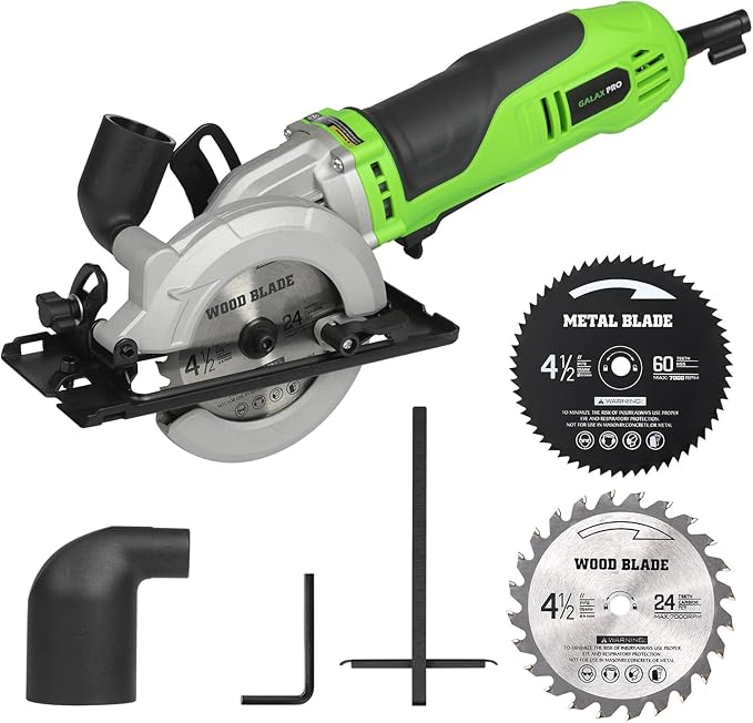 GALAX PRO 6Amp 710W Mini Circular Saw, 5200RPM Electric Circular Saw,1-2/3''(90째)/1''(45째) Cutting Depth, with 2Pcs 115mm Saw Blades (24T/60T) for Wood/Metal