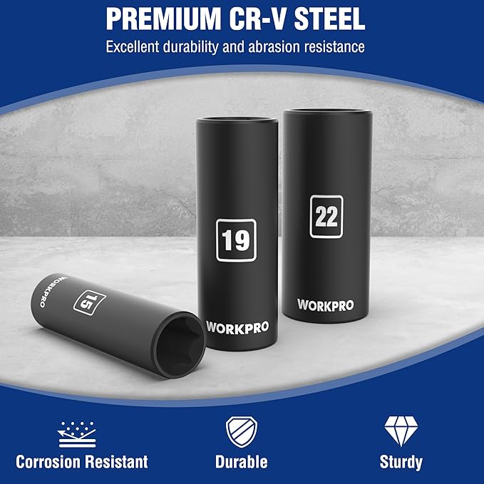 WORKPRO 14-Piece 1/2竊?Drive Deep Impact Socket Set, 6-Point Impact Deep Socket Set with Heavy Duty Storage Case for Automotive and Mechanical Repairs, 10mm-27mm, Cr-V Steel, Metric