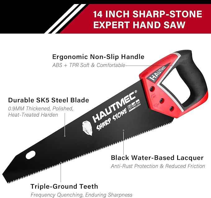 HAUTMEC 14" Expert Hand Saw for Accurate, Clean & Labor-Saving Cutting, 11 TPI Fine-Cut Handsaw with SK5 Rust-Resistant Blade, Triple Ground Teeth, Ergonomic Non-Slip Handle for Wood, PVC – HT0301
