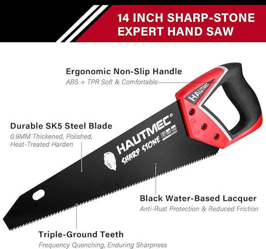 HAUTMEC 14" Expert Hand Saw for Accurate, Clean & Labor-Saving Cutting, 11 TPI Fine-Cut Handsaw with SK5 Rust-Resistant Blade, Triple Ground Teeth, Ergonomic Non-Slip Handle for Wood, PVC – HT0301