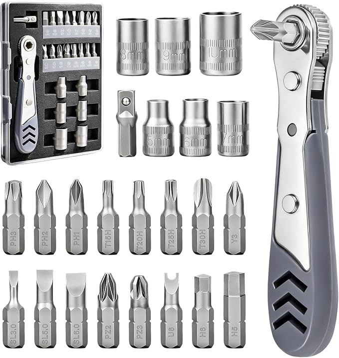 24in1 Right Angle Screwdriver, 36-Tooth Magnetic Ratchet Wrench, Low Profile Offset Tool for Tight Spaces, Ideal Gift for Men Dad Husband, Electronics and Car Repair Kit