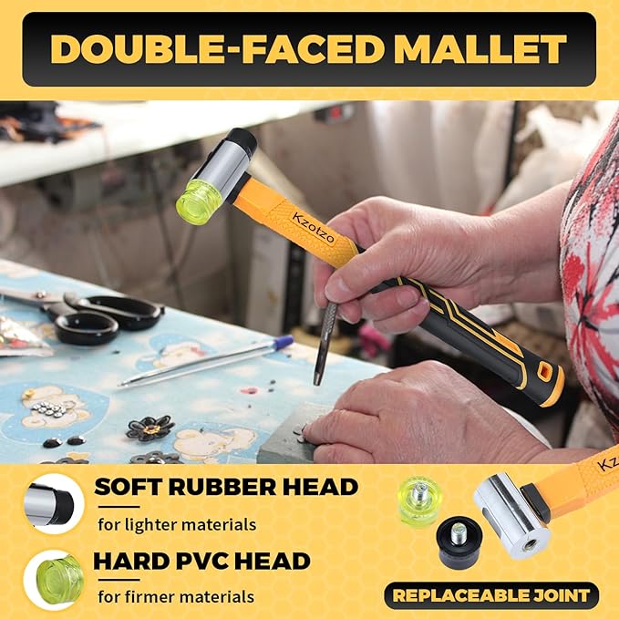 2-Pack Rubber Mallet Hammer Set, 16oz & 35mm Tool for Flooring, Tent Stakes, Woodworking, Camping, Crafts, Jewelry Wood，Fiberglass Shockproof Cushioned Grip, (16OZ 35MM Rubber Hamme)