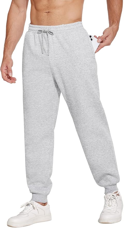 PINSPARK Men's Fleece Joggers with Zipper Pockets Tapered Sweatpants Cotton Sweat Pants for Mens Heavyweight Lounge Pants