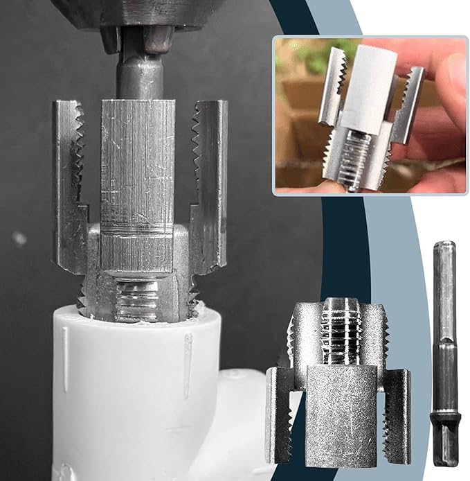 Integrated Internal & External Pipe Threading Tool, Pipe Thread Cutting Tool, Electric Drill Compatible PVC Pipe Threader Kit, Pipe Sizes Rethreading Tool (1/2"+3/4")