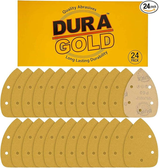 Dura-Gold Premium Mouse Detail Sander Sandpaper Sanding Sheets - 60 Grit (Box of 24) - 5 Hole Pattern Hook & Loop Triangle Mouse Discs - Woodworking Wood, Furniture Crafting, Sand Automotive Paint