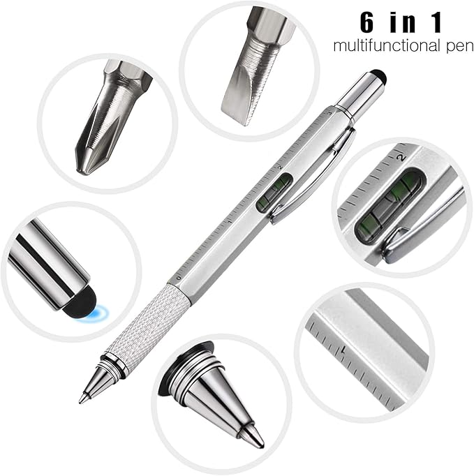 Zhanmai 16 Pcs Multitool Pens 6 in 1 Multi-tool Pen Set with Refills for Men's Birthday Gifts, Christmas Stocking Stuffers for Men Dad Husband (Silver Color)