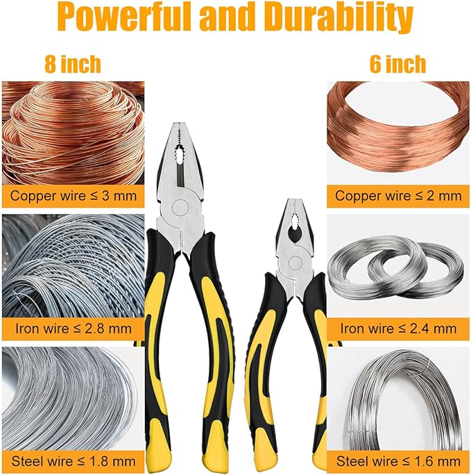 Lineman's Pliers Combination Pliers 6 Inch & 8 Inch Pliers with Wire Cutter竊?Heavy Duty Chrome Vanadium Steel Construction Professional Handle
