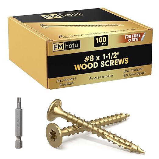 #8 x 1-1/2” Deck Screws, 100Pcs Star Drive Wood Screws, Rust Resistant Timber Screws for Timber/Log/Landscaping Wood, T20 Star Bit Included, Gold