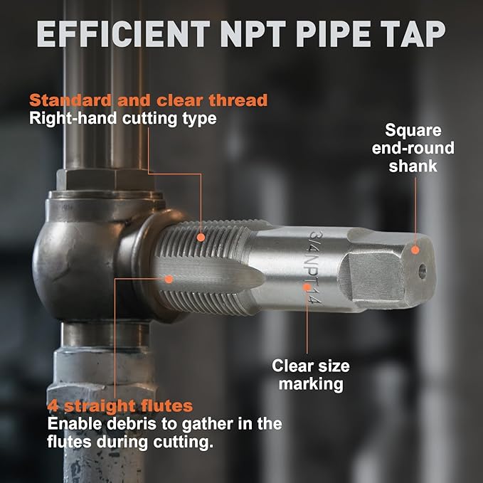 6-Piece NPT Pipe Tap Set, 1", 3/4", 1/2", 3/8", 1/4", 1/8" Taps Threading Tool, Precision Bearing Steel Tap Set Metric and Standard for Clean and Re-Thread Damaged or Jam Pipe Threads in Storage Case