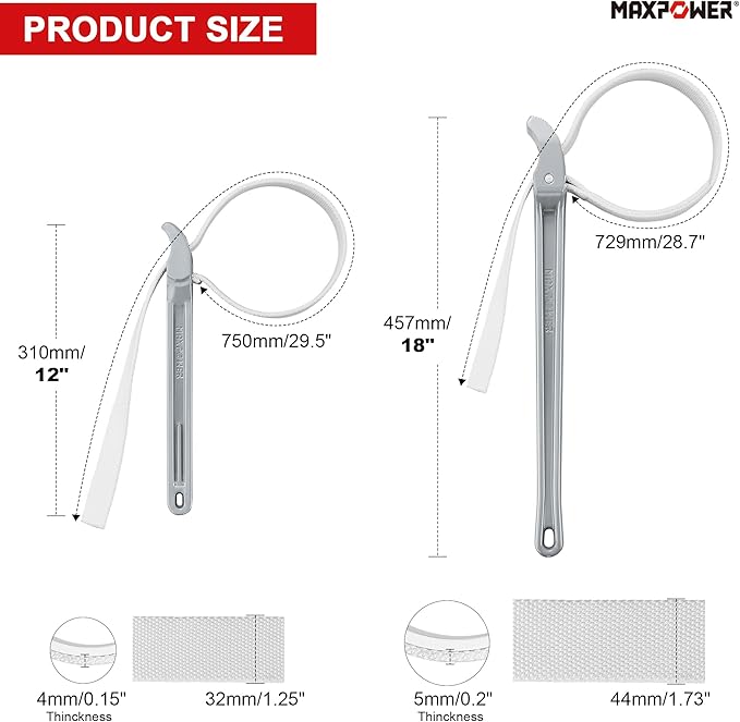 MAXPOWER Strap Wrench, 18" & 12" Adjustable Strap Wrenches Set, Nylon Strap Pipe Wrench for Replacing Oil Filter, Water Filter, PVC Junction, 2-Piece