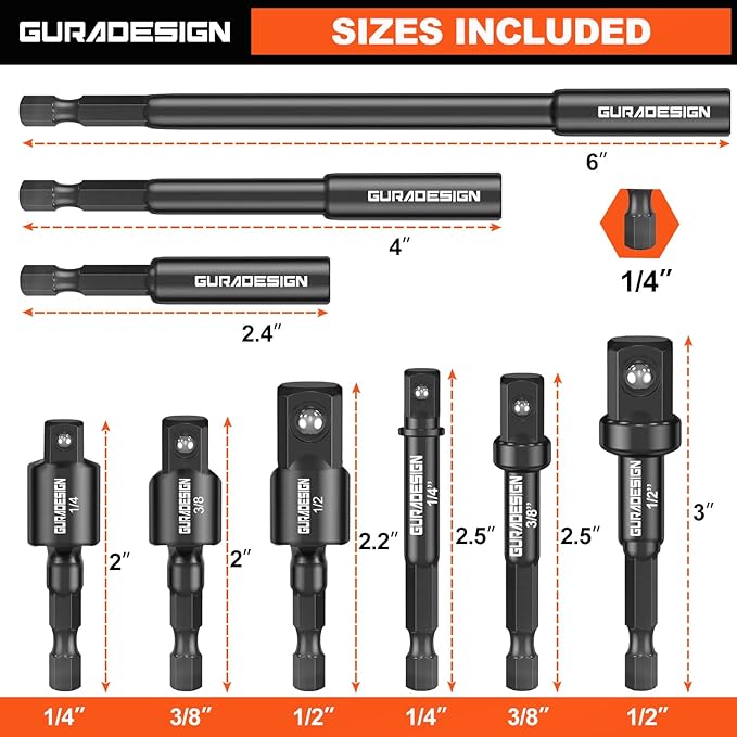 9-Piece Impact Drill Socket Adapter Set and Universal Joints Socket Set 1/4" 3/8" and 1/2" Driver Socket Adapter, Power Drill Bit Extension, Magnetic Screwdriver Bit Holder