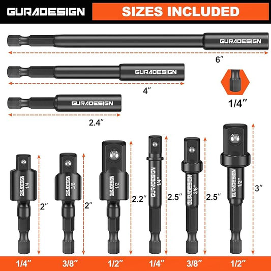 9-Piece Impact Drill Socket Adapter Set and Universal Joints Socket Set 1/4" 3/8" and 1/2" Driver Socket Adapter, Power Drill Bit Extension, Magnetic Screwdriver Bit Holder