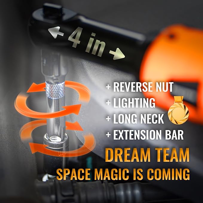 3/8" Extended Electric Ratchet Wrench Set, 45ft-lbs Cordless Long Neck Power Ratchet Wrench Kit with 2pcs Batteries, LED Light, 9 Sockets, Toolbox, Variable Speed, For Housework, Car Repair