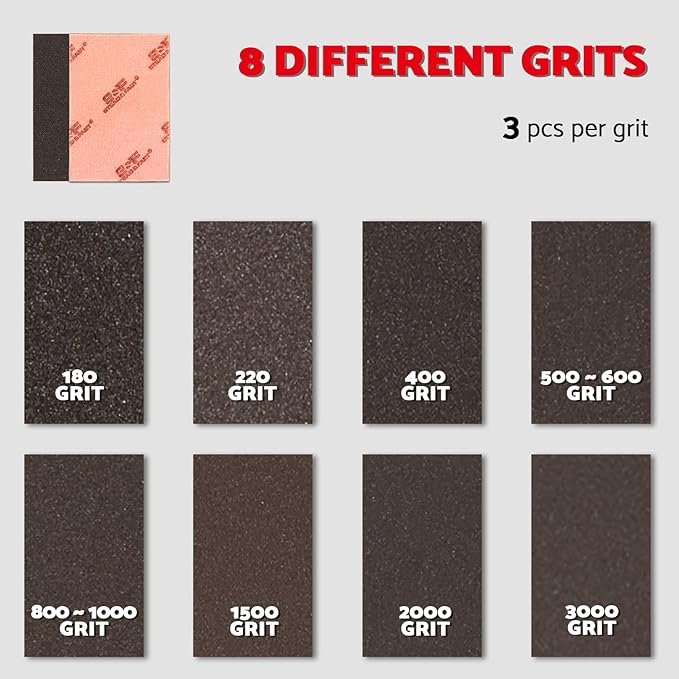 Sanding Sponges Assortment 24 Pcs, 180-3000 Grit Foam Sanding Pads 2.8 x 3.9 Inch, Wet Sanding Sponge Hook & Loop, Ultra Fine Sandpaper Block for Wood, Plastic Models, Metal, Drywall S&F STEAD & FAST