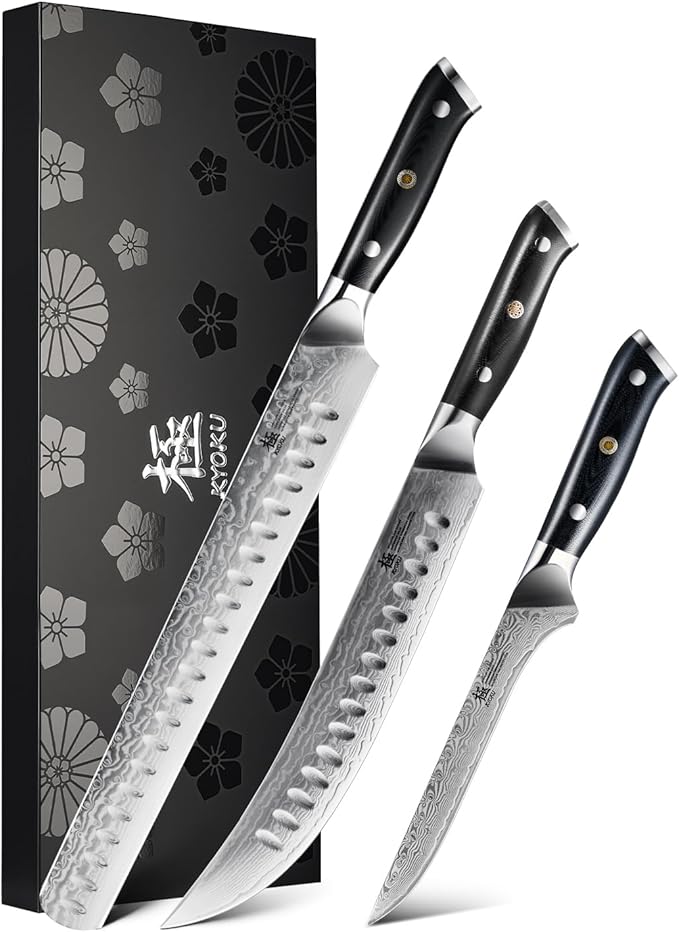 KYOKU Knife Set, Shogun Gin Series 3pc Japanese Style Kitchen Knife Set for Cooking, 7" Boning 12" Slicing 10" Scimitar Knife with Silver Ion Blade Sheath Gift Box, Damascus Stainless Steel Knives