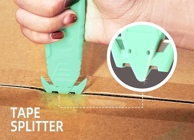 Safety Box Cutter, T TOVIA Sharp Durable Stainless Steel Concealed Blade Package Opener with Tape Splitter for Cartons, Cardboard, Wrap, Straps, Film (5 Pcs - Green)