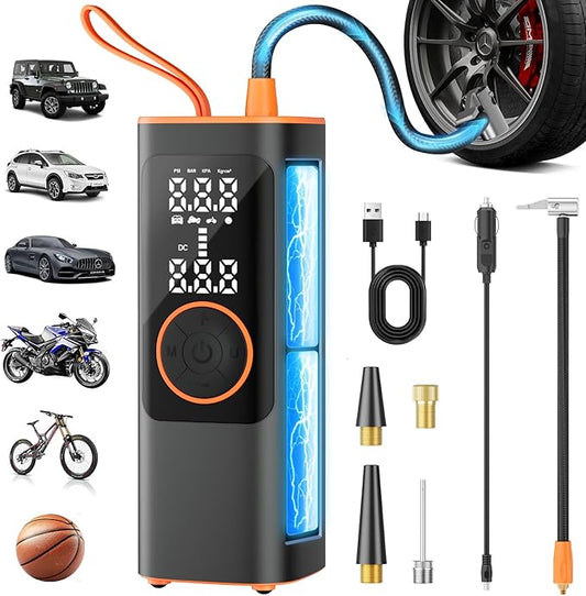 Tire Inflator Portable Air Compressor, 150PSI Cordless & 12V DC Dual Power Tire Pump for Car Tires,Bike,Motorcycle, 8000mAh Battery, Digital Pressure Gauge, Auto Shut-Off & Emergency LED Light