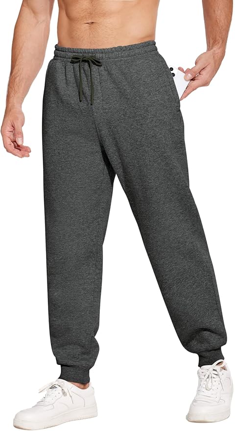PINSPARK Men's Fleece Joggers with Zipper Pockets Tapered Sweatpants Cotton Sweat Pants for Mens Heavyweight Lounge Pants