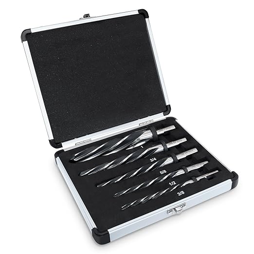 Reamer Bit Set for Steel Metal Wood,5PCS M2 HSS Tapered Reamer Drill Bit Set-,3/8",1/2",5/8",3/4",1" Bridge/Construction Fit 1/2" Round Shank Chuck Alloy to Align Existing Hole and Enlarge Hole