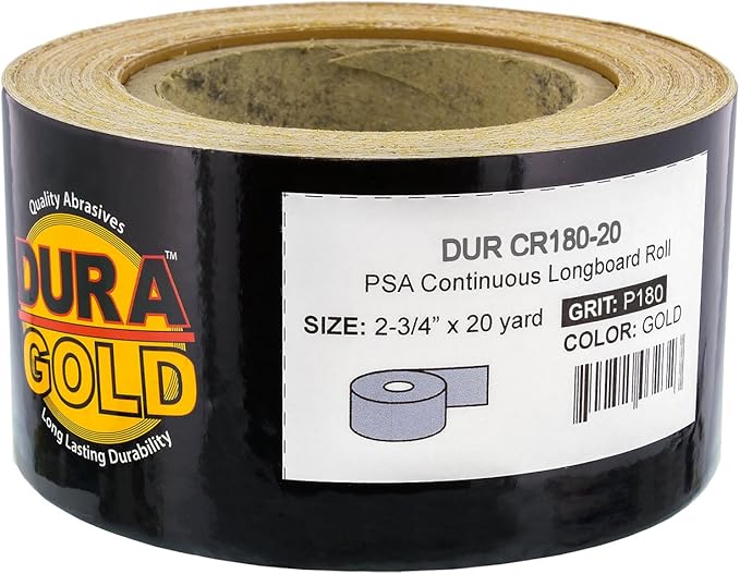 Dura-Gold Premium Gold 180 Grit PSA Longboard Sandpaper, 20 Yard Roll, 2-3/4" Wide, Self Adhesive Stickyback, Woodworking & Automotive Sandpaper Roll, Air File Sand Paper, Auto Sanding Blocks