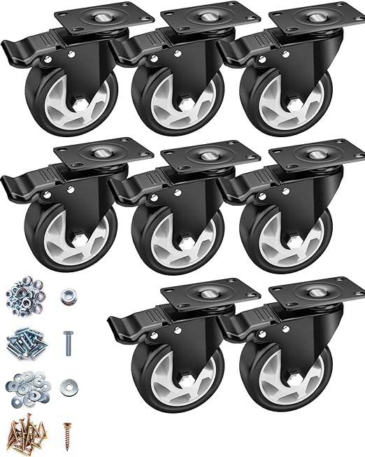 Casters, 4" Caster Wheels竊똂asters Set of 8 Heavy Duty - ASRINIEY Black Polyurethane Castors, Top Plate Swivel Wheels, 8-Pack Industrial Casters with Brake, Locking Casters for Furniture and Workbench