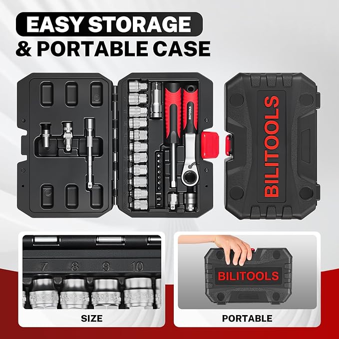 BILITOOLS 29PCS 1/4" Pass Through Socket Set, 3-In-1 Conversion for Standard Ratchet, Pass-Through Ratchet & Mini Screwdriver, Pass Thru Go Through Mechanics Tools Set For Hex, Square, E-Torx, Spline
