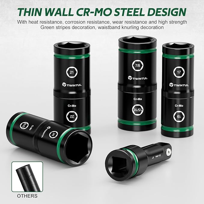 1/2" Lug Nut Socket Set, 5Pcs Impact Flip Socket Set, CR-MO Steel, 6-Point, Double Ended Thin Wall Wheel Socket Set with Extension Bar, Metric 17-19 21-22 mm & SAE 3/4"-13/16", 7/8"-15/16"