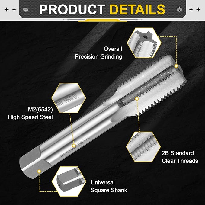 uxcell Hand Bottom Tap 7/8"-11 BSF 2B Thread Bottoming Style Threading Taps High Speed Steel HSS6542 Straight Flutes Screw Tapping Tool