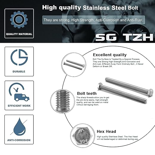5/16-18 x 3/4" Hex Head Screw Bolt, 10Pcs 18-8 (304) Stainless Steel, Fully Threaded, Plain Finish, by SG TZH