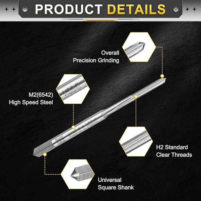 uxcell Hand Plug Tap M2 x 0.2 H2 Metric Thread Plug Style Taps Straight Flute Screw Tapping Threading Tool High Speed Steel HSS6542