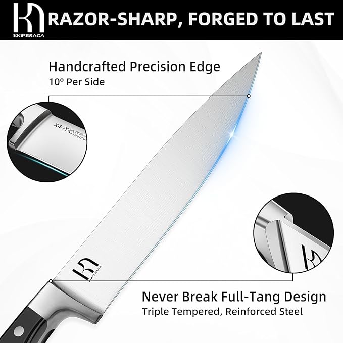 KnifeSaga Knife Set, 15 Pcs Kitchen Knife Block Set, Enduring Razor-Sharp Japanese High Carbon Stainless Steel Chef Knife Set with Block and Sharpener, Premium Black Knives Set for Kitchen
