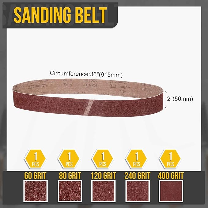2 x 36 Inch Sanding Belt, 5 Pcs 60/80/120/240/400 Grits Aluminum Oxide Knife Sharpener Belts Work Sharpening for Belt Sander Knife Carving Tool Metal Working