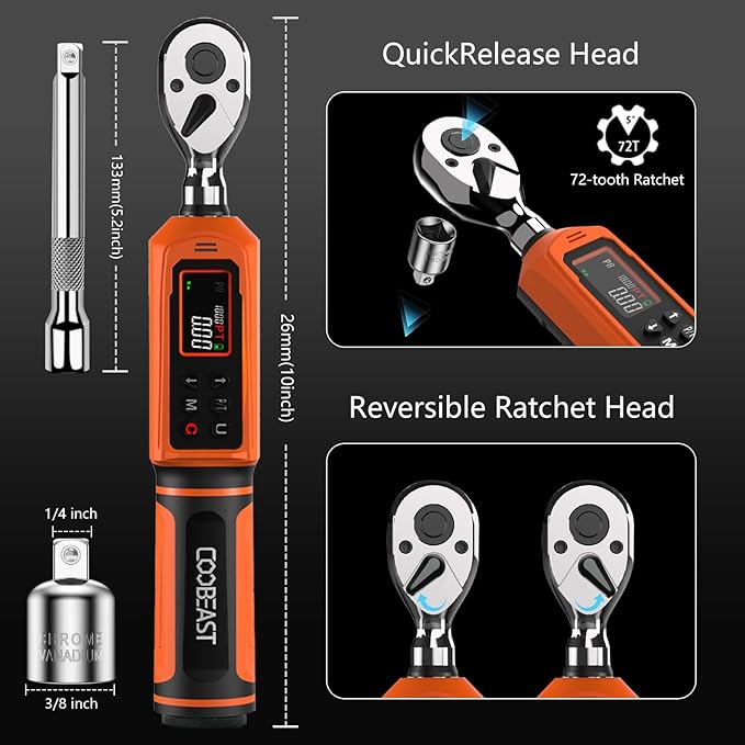 coobeast Digital Torque Wrench, 3/8 Drive Electronic Torque Wrench Set with Preset Value(0.66-44.29 Ft-lbs./0.9-60Nm), Buzzer and LED Flash Five Units of Measure Torque Wrench for Bicycle, Bike