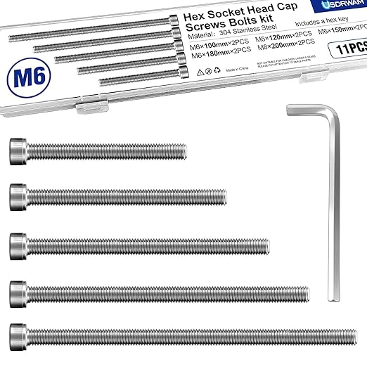 10Pcs M6 Hex Socket Head Screws, Stainless Steel Full Thread Bolts Assortment Kit in 100mm, 120mm, 150mm, 180mm, 200mm