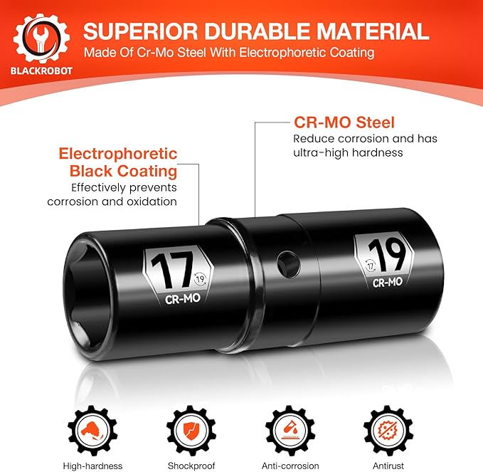 BLACKROBOT 1/2" Drive Impact Lug Nut Socket Set, 17mm x 19mm Impact Socket Set, CR-MO, 6-Point, Electroplated Surface for Auto Repair