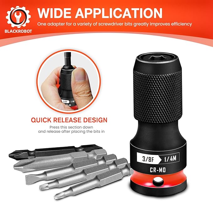 BLACKROBOT Quick Release Impact Bit Holders 3/8-Inch Square Drive to 1/4-Inch Hex Socket Adapter, CR-MO Steel, Red