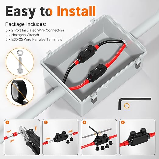 Joinfworld 2 Port Inline Splice Connector 1/0-14AWG Aluminum to Copper Wire Connectors Insulated Wire Connectors UL Listed Wire Cable Connectors with Slotted Allen Hex - 6 Pack