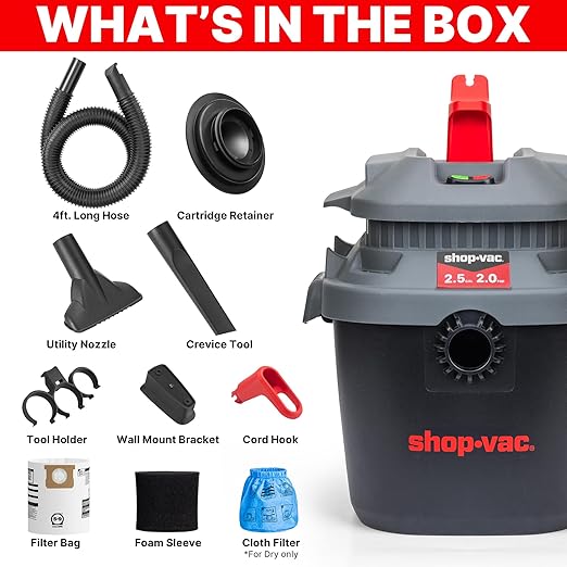 Shop-Vac 2.5 Gallon 2.0 Peak HP Wet Dry Vacuum with Blower, Wall-Mounted Portable Shopvac with 10 Feet Cord, 1.25 Inch x 4 Feet Hose, Small Vacuum Cleaner Ideal for Garage, Workshop & Home, 5430095