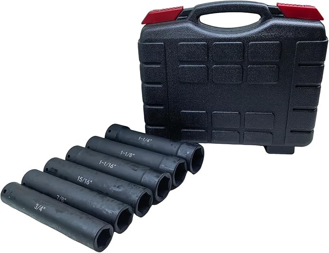 1/2 Inch Drive Extra Deep Impact Socket Set, 6.7" Long竊?-Piece竊똈ncludes Sizes 3/4", 7/8", 15/16", 1-1/16", 1-1/8", 1-1/4", with Storage Case竊?for Long Threaded Rods竊똁olts or Studs