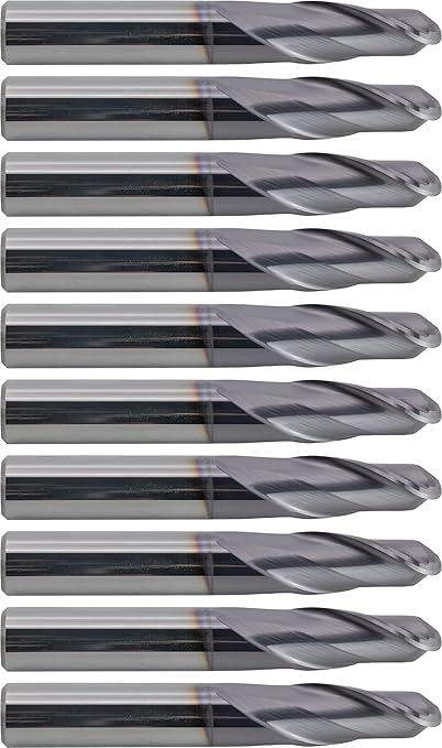 CME 10 pcs Micrograin Carbide End Mills, Ball Nose, TiAlN Coated, 7/16" Mill Diameter, 1" Length of Cut, 3" Overall Length, 2 Flute, Center Cutting