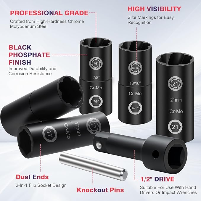 2-In-1 Lug Nut Removal Tool & Impact Socket Set, with 1/2" Drive, Easy Out Broken Bolt Extractor Kit, Ez Out Stripped Wheel Lock for Removing Rounded, Rusted Bolts, Nuts & Screw 7-Pieces