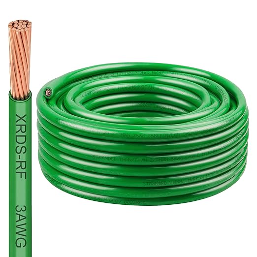 XRDS -RF 3 AWG THHN Stranded Bare Copper Wire, 50FT Green Grounding Wire, 600V Rated Building Wire Ideal for Panel Wiring, Grounding, Lighting Circuits, Control Systems