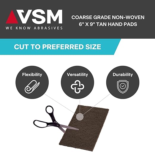 VSM 10-Pack: 6" x 9", Tan - Coarse, Non-Woven Hand Pad, Aluminum Oxide Grains, Rust and Oxidation Resistant, Multipurpose Abrasive Scrub Pad for Finishing and Cleaning